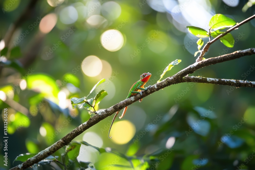 Poster colorful chameleon on a branch in the forest close up colorful chameleon on a branch over blurred na