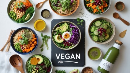 Colorful Buddha Bowl Flat Lay - Rainbow Plant-Based Salads on Clean White Background