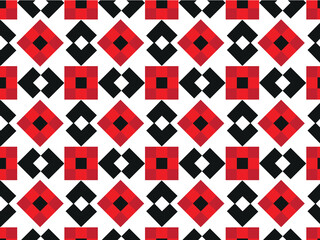 Red poppy flower, black leaves . Stylish ethnic geometric ornament.  Seamless vector pattern for design and decoration.