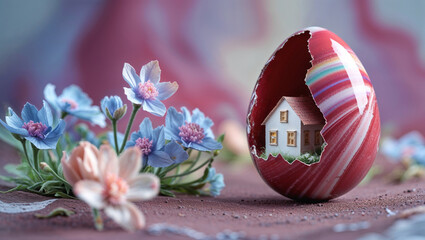 Beautifully crafted Easter egg with a miniature house and flowers showcasing holiday spirit at home