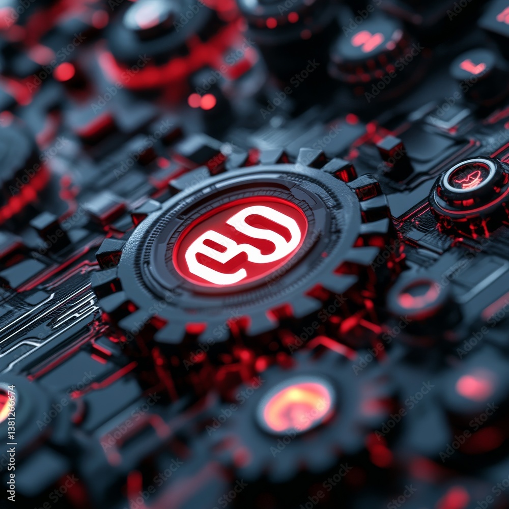 Poster futuristic circuit board with glowing red elements: high-tech design for innovation and advanced tec