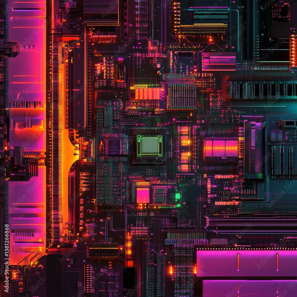 Aufkleber illuminated intricacies: a neon-lit journey through circuit boards and motherboard complexities in v