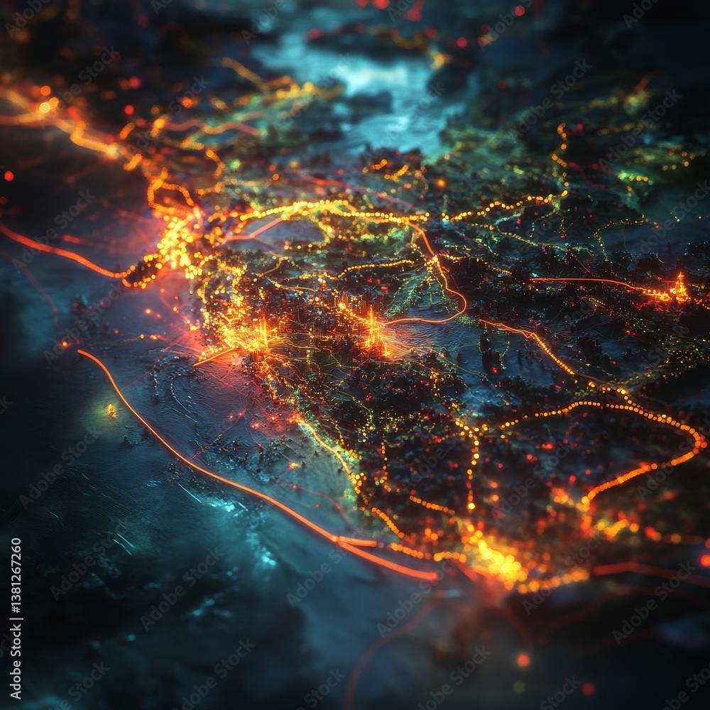 Poster networked world: a digital visualization of global connectivity and data flow across a detailed topo