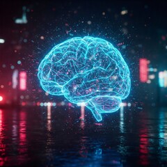 Digital brain floating over a futuristic city with data processing and reflecting in water