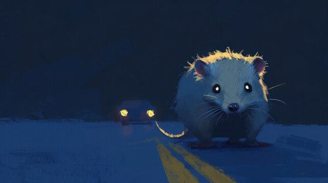 Giant Mouse Pulling Car at Night, Surreal illustration of a giant mouse pulling a car.