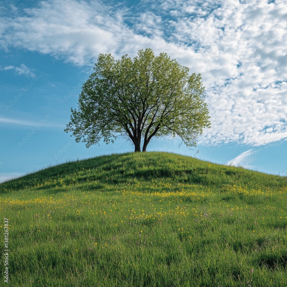 Poster single tree standing tall on a grassy hill under a bright sky with puffy clouds on a sunny day.