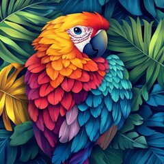 Obraz premium Vibrant Parrot Perched Among Lush Tropical Leaves Showcasing Stunning Colors and Feathers, Perfect for Nature and Wildlife Themes