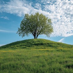 Obraz premium Single Tree Standing Tall on a Grassy Hill Under a Bright Sky with Puffy Clouds on a Sunny Day.