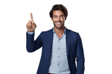 A smiling man in a suit points his finger up against a  with a confident expression on transparent background png