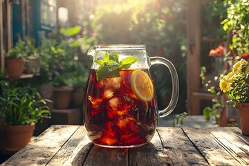 Refreshing iced tea with lemon and mint served in sunny garden setting. Generative AI