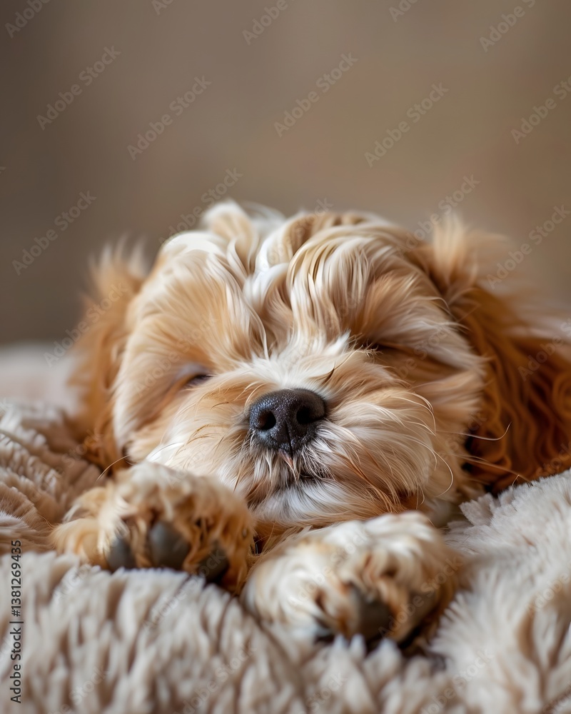 Poster adorable sleeping puppy resting on soft blanket, creating a cozy atmosphere in a serene home setting
