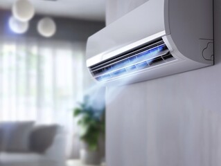 a modern air conditioner in a stylish, cozy home interior, emitting fresh, cool air