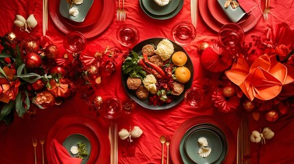 Obraz premium A festive table arrangement with gold ingots glowing candles and traditional charms