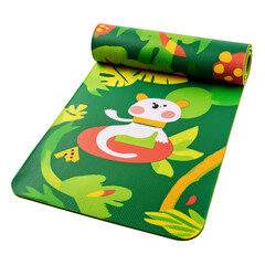 Colorful yoga mat with playful animals and greenery - top-down perspective