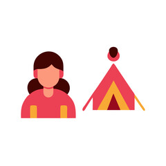 Female camper standing next to yellow and red tent on white background, AI Generation