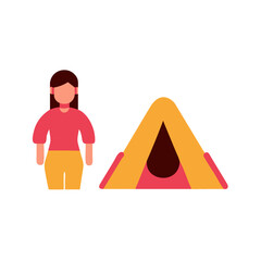 Female camper standing next to yellow and red tent on white background, AI Generation