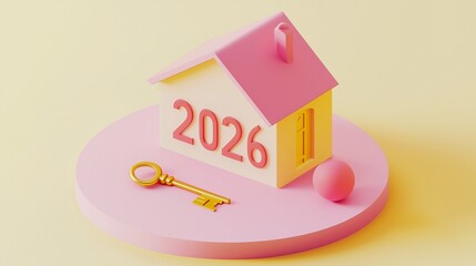 Golden 3D "2026" with a house and key, isometric view, minimalistic design on a white background.
