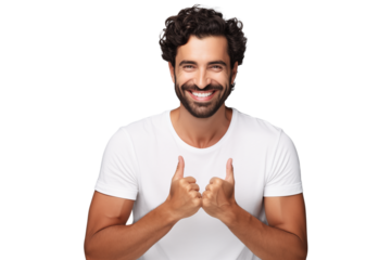 A smiling man with curly hair giving thumbs up wearing a white t shirt on a  image on transparent background png