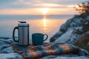 Minimalist coffee setup on rocky shore at sunrise, ideal for outdoor rituals. Generative AI