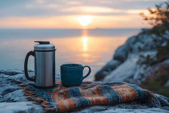 Minimalist coffee setup on rocky shore at sunrise, ideal for outdoor rituals. Generative AI