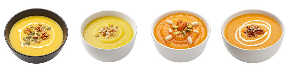 Four bowls of creamy soup topped with nuts and seeds.