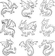 Sketch Set Dragons | Hand-Drawn Legendary Dragon Illustrations Sketch Set Dragons | Mythical Creatures and Fantasy Beast Outline Collection