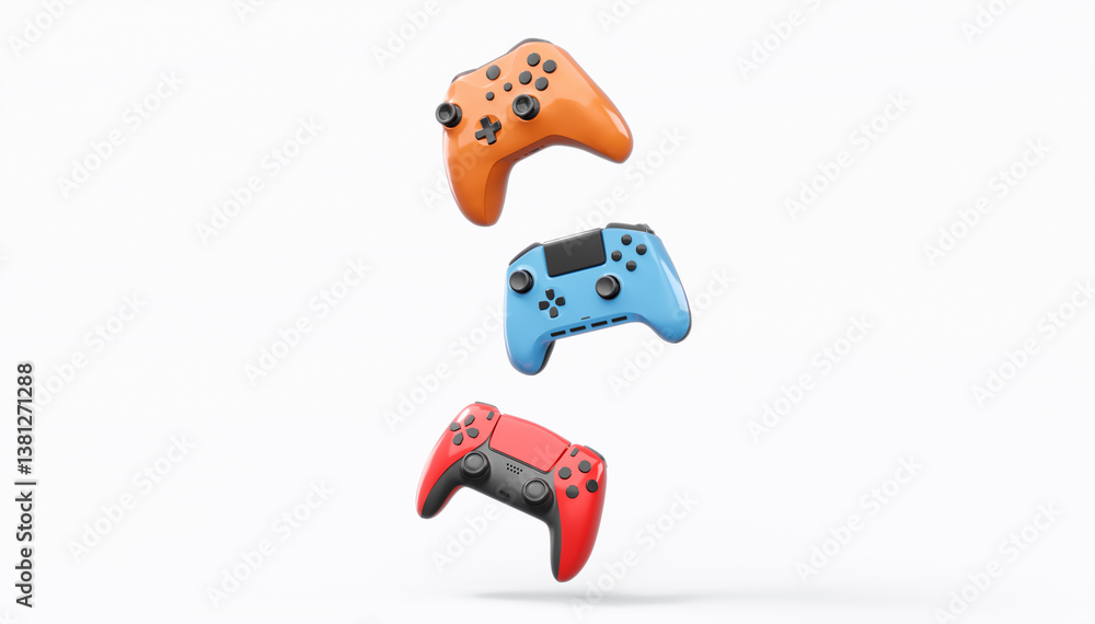 Poster realistic colorful video game joysticks or gamepads with color buttons on white