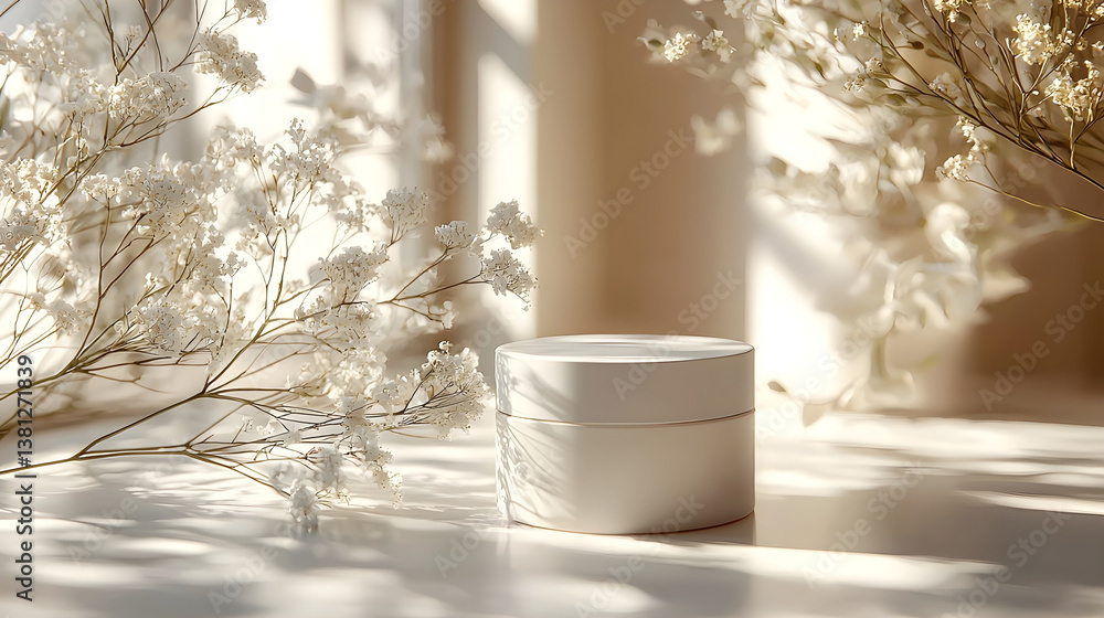 Poster a cosmetics container rests on a table adorned with soft light and white flowers. generative ai