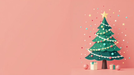 modern xmas design features geometric style elements including christmas tree confetti coral pink background