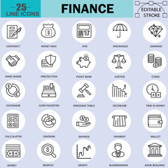 Fototapeta premium Finance Line Icon Set – Editable Stroke Vector Illustration. Includes Money, Banking, Investment, and Business Symbols. Pixel Perfect Design