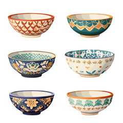 Set of serving bowls with different designs, isolated on a transparent background.