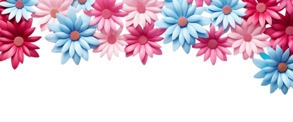 Arrangement of pink red and blue daisy flowers in a row on top of a  space for text on transparent background png