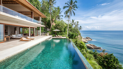 Fototapeta premium An exclusive beachfront villa with stunning views of the ocean, a private pool, and a modern design surrounded by tropical gardens and palm trees.