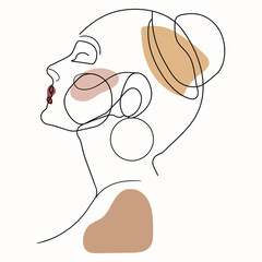 Stylish vector drawing with one line. Silhouette of a girl from the side. Beautiful facial features. Line and color. Youth and health. With love and care for yourself