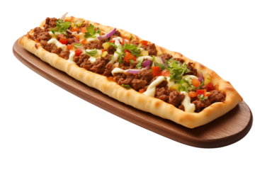 A rectangular flatbread topped with meat, vegetables, and sauce on a wooden serving board on transparent background png