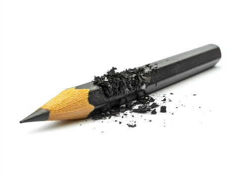 Sharpening Black Pencil on White Background with Graphite Shavings Scattered Around