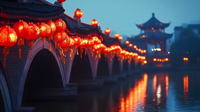 A historic bridge decorated with red lanterns and golden streamers illuminated during a Chinese cultural event