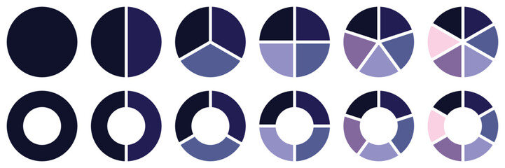 Pie chart icons different color circles. donut and pie chart infographic of vector illustration