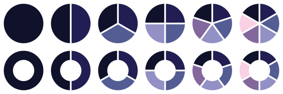 Pie chart icons different color circles. donut and pie chart infographic of vector illustration