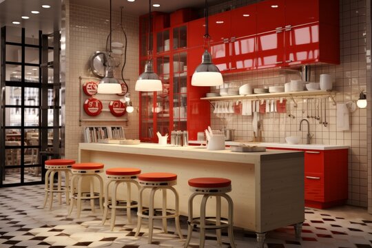 Cozy scandinavian kitchen with light wood cabinets, red smeg fridge, and bright natural lighting.