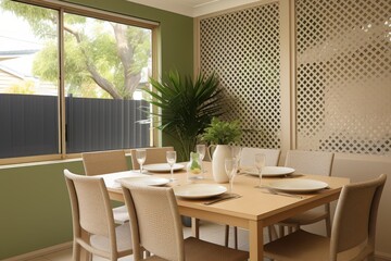 Stylish minimalist dining area with emerald accent wall and lush indoor plants for vibrant ambiance