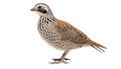 A close up of a quail with brown and white feathers standing on a  in a studio shot on transparent background png