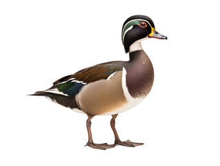 Obraz premium A wood duck standing in profile against a showing its colorful plumage and beak on transparent background png