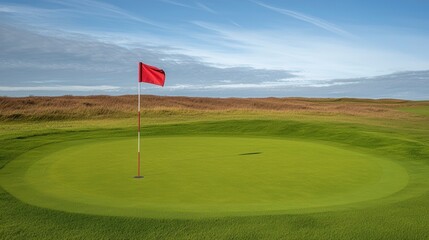 A serene golf green with a red flag, set against a clear blue sky and a backdrop of gently rolling grass.