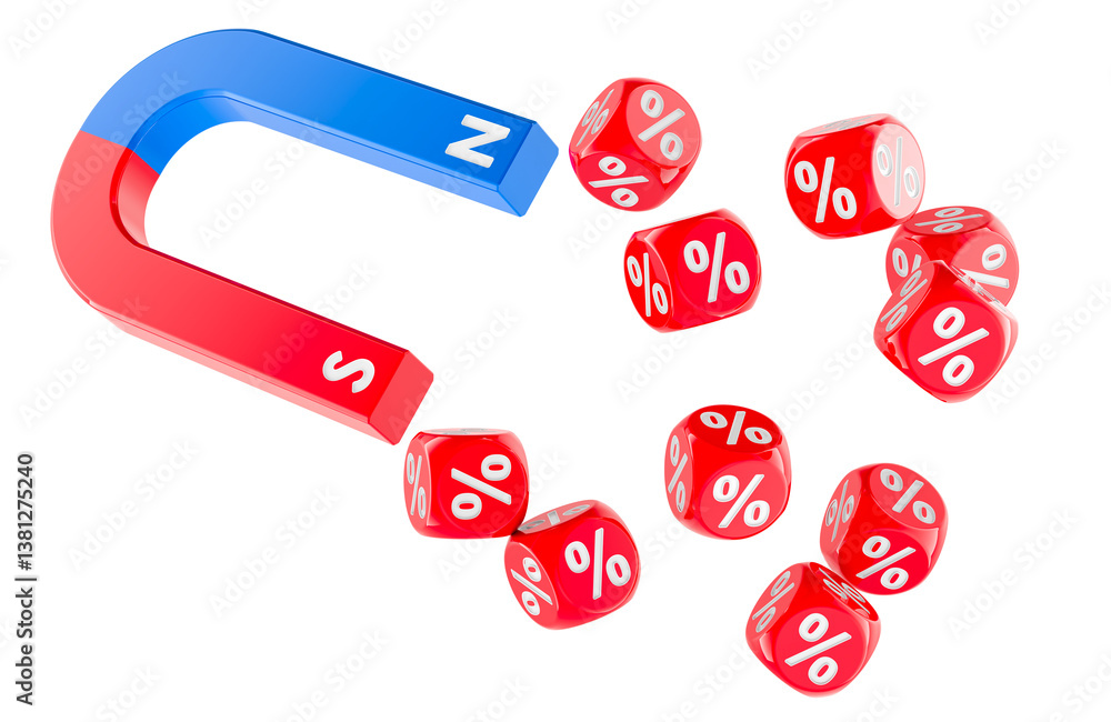 Aufkleber magnet attracting of discount cubes. 3d rendering isolated on transparent background