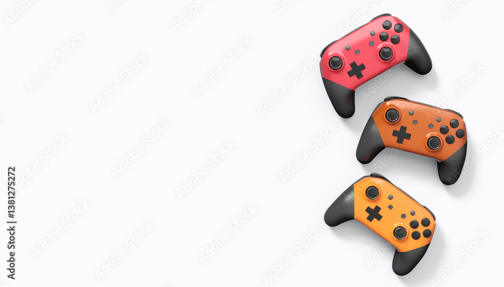 Poster realistic colorful video game joysticks or gamepads with color buttons on white