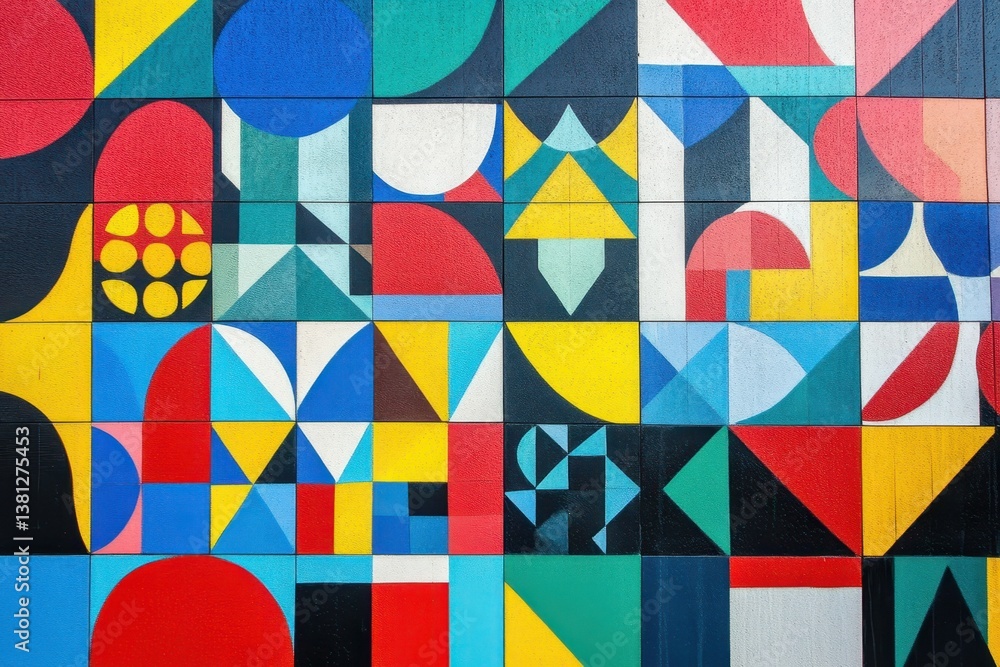 Poster colorful geometric shapes and patterns form abstract art on a wall incorporating geometric shapes an