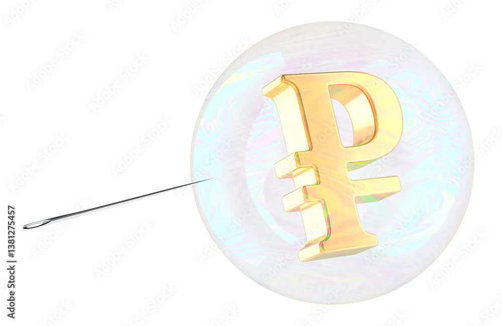 Poster ruble symbol inside soap bubble with needle. financial bubble, concept. 3d rendering isolated on tra