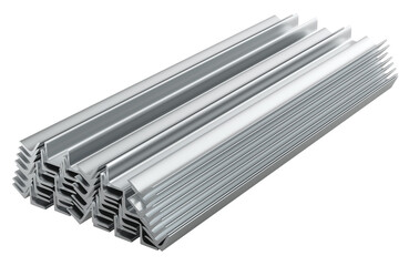 Stack of Stainless Steel Angle Bars, rolled metal. 3D rendering isolated on transparent background