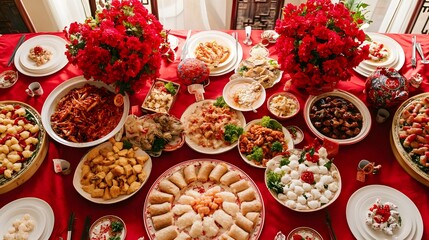 A traditional Chinese banquet spread on a table surrounded by red floral decorations creating a festive setting